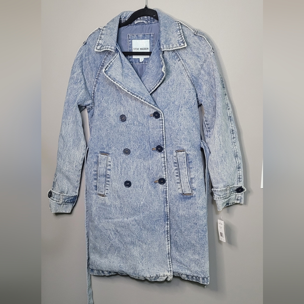 Steve Madden Light Blue Denim Trench Coat Double Breasted Tie Waist NWT S